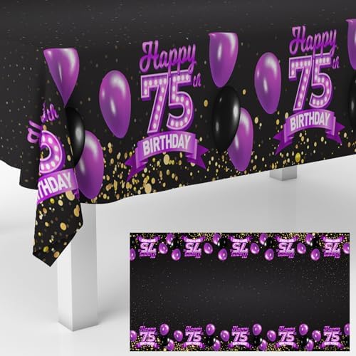 75th Birthday Tablecloth Purple Black Rectangle 53x104 Inches