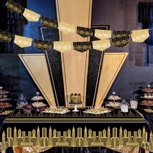 3pcs Roaring 1920s Black Gold Tablecloths for Party Decorations
