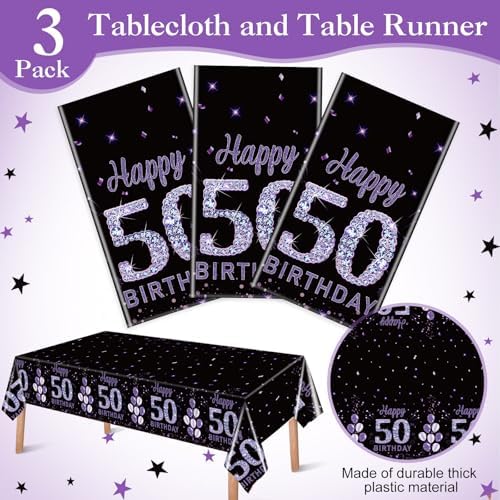 Ganeen 3 Pack Birthday Tablecloth Purple Black 50th Birthday Decorations