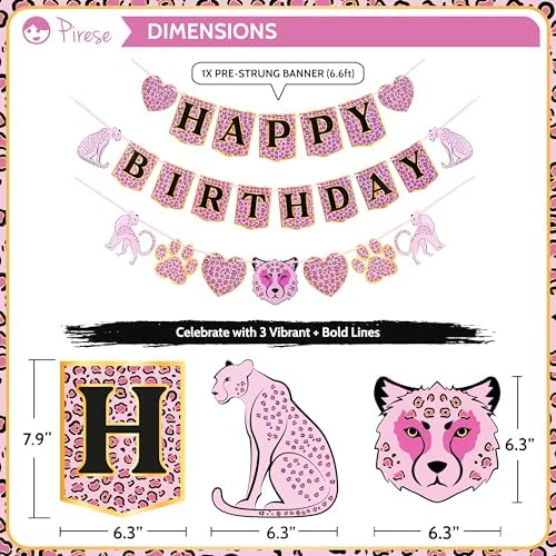 Pink Cheetah Birthday Banner with Decorations