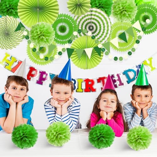 Green Party Decorations with Hanging Fan Pom Poms Garland Pennant