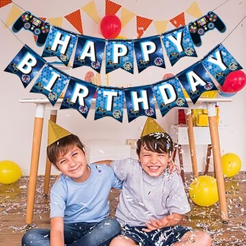 Gaming Birthday Banner for Kids Blue Party Decorations