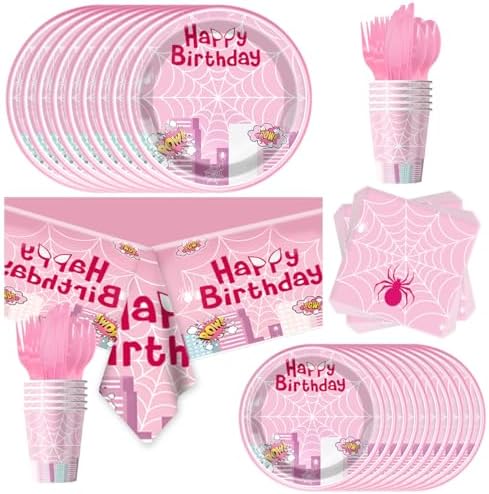 OU RUI 81 Pcs Pink Spider Party Tableware Set