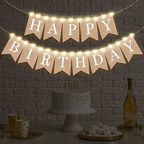 Breling 2 Piece Burlap Birthday Banner with LED Lights Decor