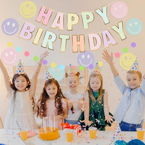 Danadia Pastel Birthday Banner with Smiley Face and Circle Dot Garland