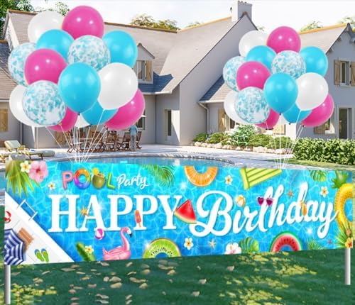 Hakoti Hawaiian Birthday Pool Banner with 30 Balloons