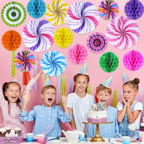 Outus 21 Pcs Candyland Party Decorations Hanging Fans Pom Poms