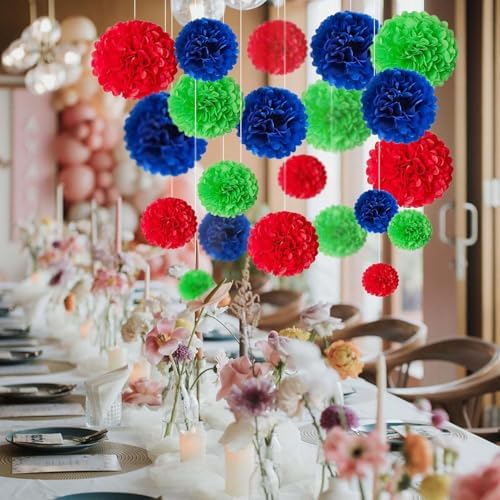 Blue Green Red Tissue Paper Pom Poms Flower Set 27PCS