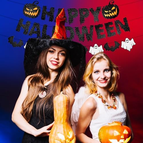 Black Glitter Happy Halloween Banner with Pumpkin Ghost Bat