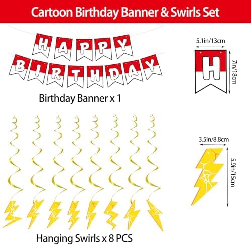 Cartoon Birthday Banner Set 8pcs Lightning Hanging Swirls Party Decorations