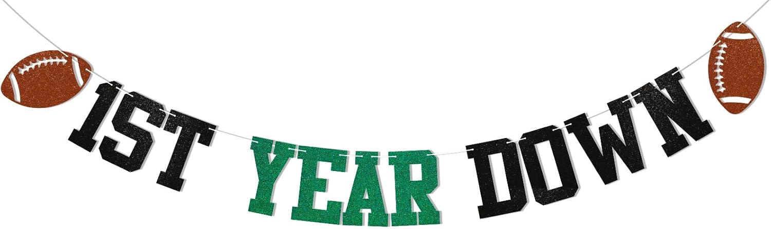 Pre-Strung Football 1st Birthday Bunting Banner Green Black Glitter