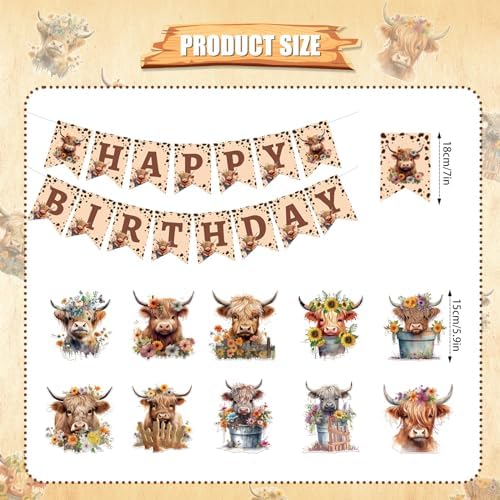 Highland Cow Birthday Decorations 16PCS Banners Hanging Swirls