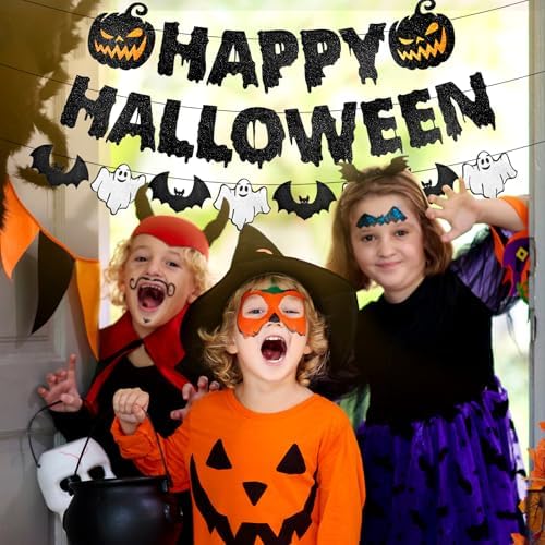 Black Glitter Happy Halloween Banner with Pumpkin Ghost Bat