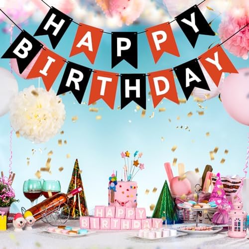 Happy Birthday Banner Sign Black and Red Party Decor