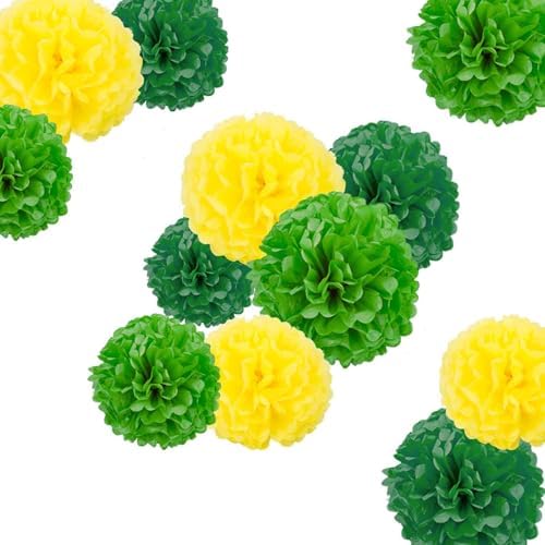 Dark Green Light Green Yellow Paper Pom Poms Set of 12