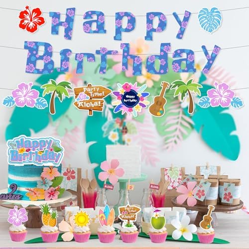 Hawaii Party Decor Kit with Birthday Banners and Cupcake Toppers