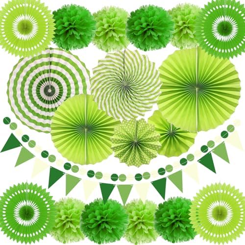 Green Party Decorations with Hanging Fan Pom Poms Garland Pennant