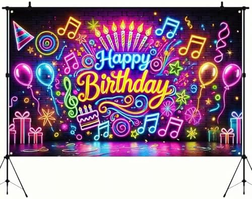 Neon Birthday Banner 71x43 Inch Glow in the Dark Photo Backdrop