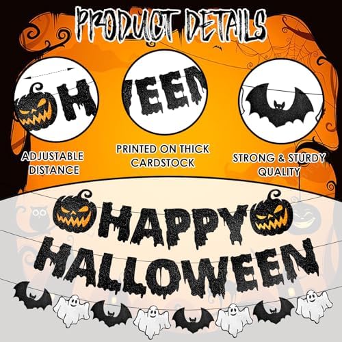 Black Glitter Happy Halloween Banner with Pumpkin Ghost Bat