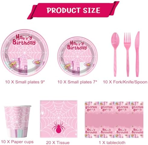OU RUI 81 Pcs Pink Spider Party Tableware Set