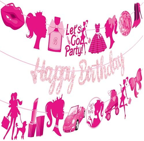 3 Pcs Hot Pink Girl Birthday Banners Decorations