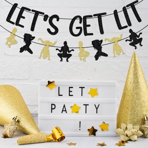 Lets Get Lit Black Gold Glitter Banner