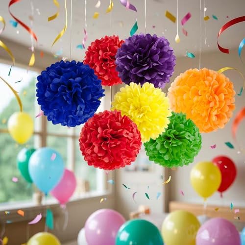 Rainbow Tissue Paper Pom Poms 12 Pcs Party Decor Set