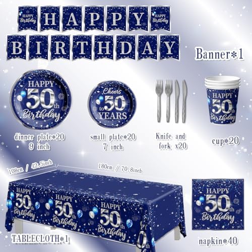 50th Birthday Tableware Set with Blue and Silver Decorations