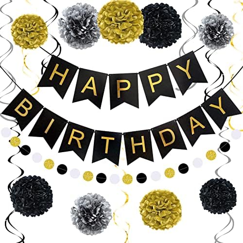 Black and Gold Happy Birthday Banner with Pom Poms and Garland