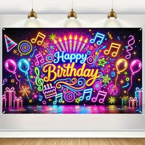 Neon Birthday Banner 71x43 Inch Glow in the Dark Photo Backdrop