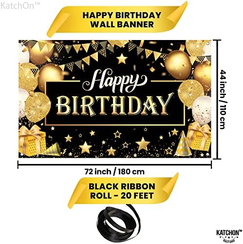 KatchOn Happy Birthday Banner Black and Gold Large 72x44 Inch
