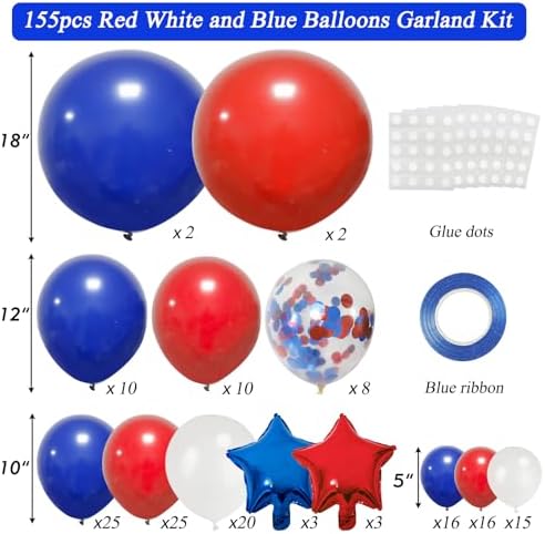 RUBFAC 160pcs Red White Blue Balloons Garland Arch Kit