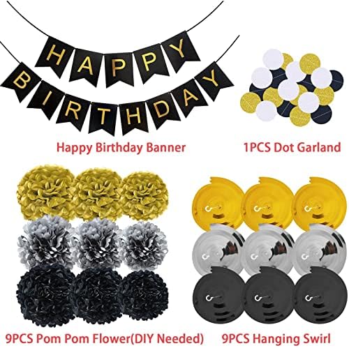 Black and Gold Happy Birthday Banner with Pom Poms and Garland