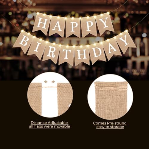 Breling 2 Piece Burlap Birthday Banner with LED Lights Decor