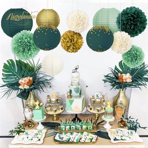 NICROLANDEE Green Tissue Pom Poms and Lanterns Decor Kit