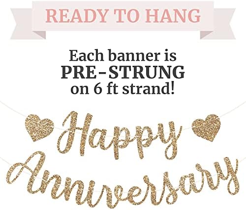 Pre-Strung Happy Anniversary Banner - Gold Glitter Wedding Decor