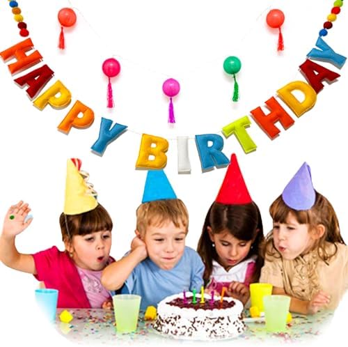 Pre-Strung Happy Birthday Banner with Wool Balls