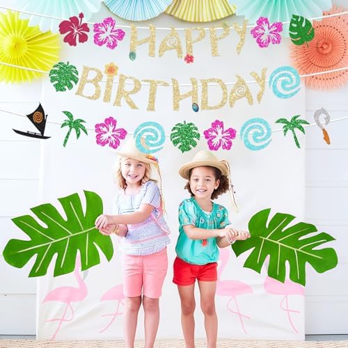 Hawaiian Happy Birthday Banner - Glittery Gold Party Decor