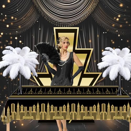 3pcs Roaring 1920s Black Gold Tablecloths for Party Decorations