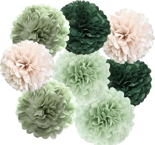 Bamonos Sage Green Tissue Paper Flower Pom Poms Kit 12pcs