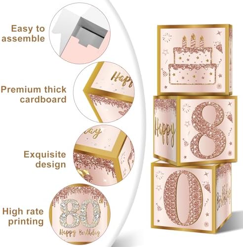 3Pcs Pink Rose Gold 80th Birthday Balloon Boxes Party Decor