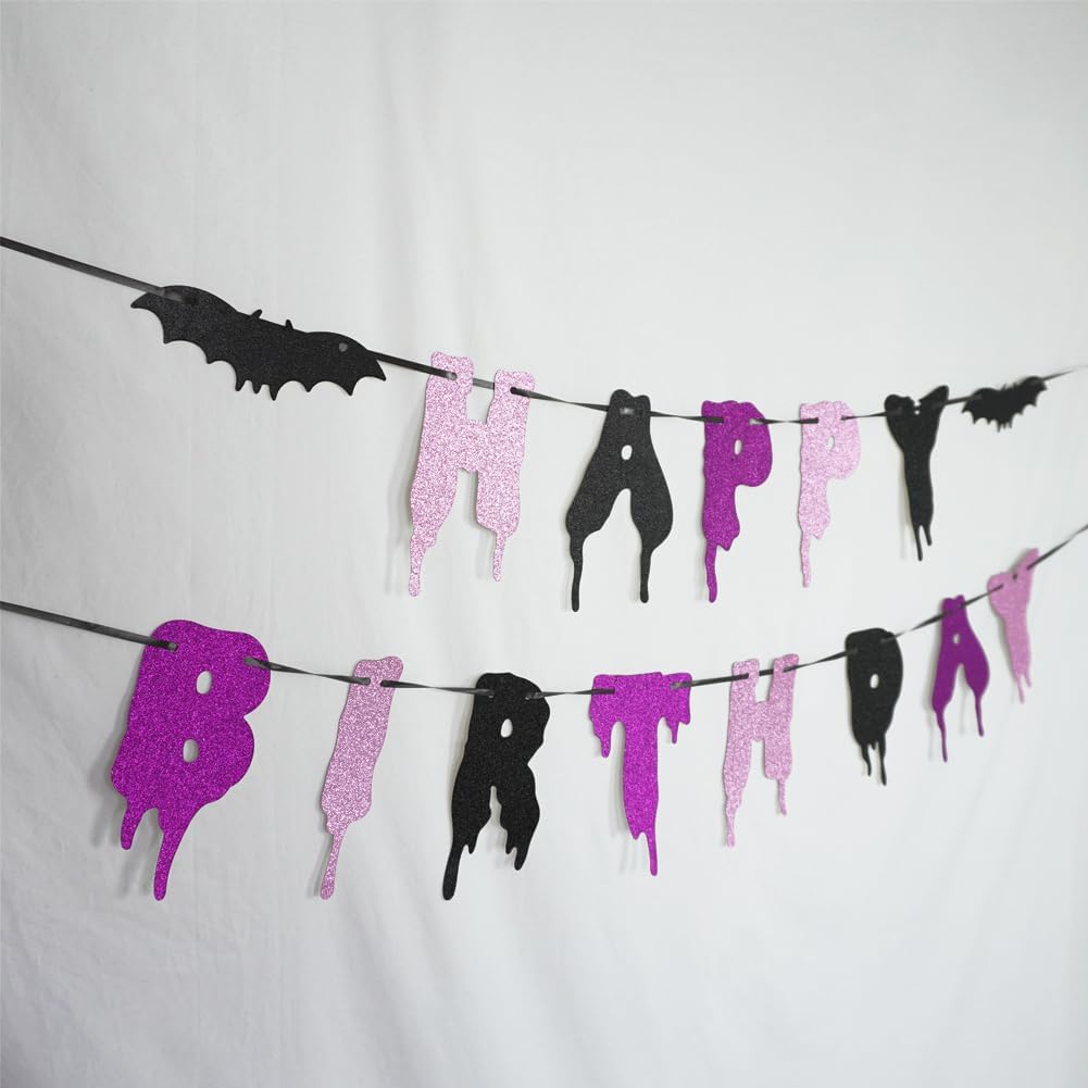 Happy Birthday Halloween Banner with Glitter Bats