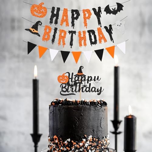 Glitter Halloween Birthday Banner with Cake Toppers