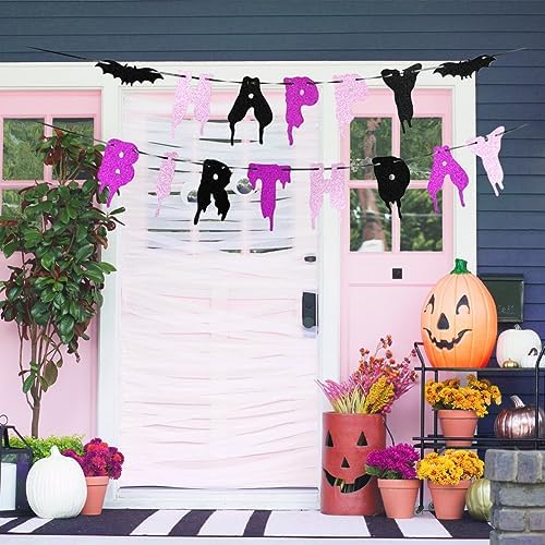 Happy Birthday Halloween Banner with Glitter Bats