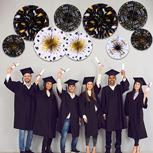 Outus 9 Pcs Graduation Party Decorations Black and Gold Fans