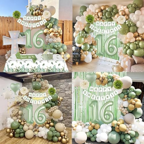 Sweet 16 Birthday Decorations Set Green Gold