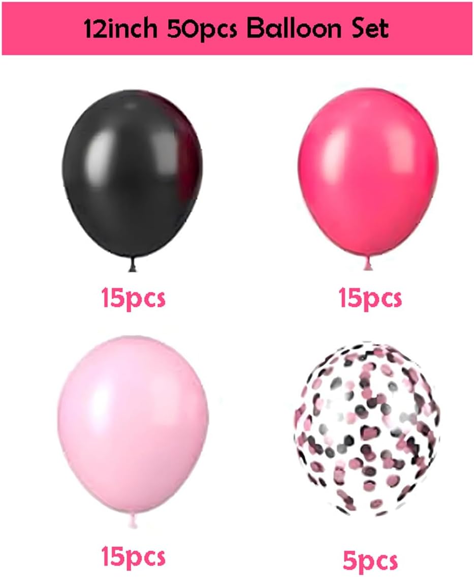 ZOOYOO 50pcs 12 Inch Hot Pink Black and Glitter Confetti Balloons
