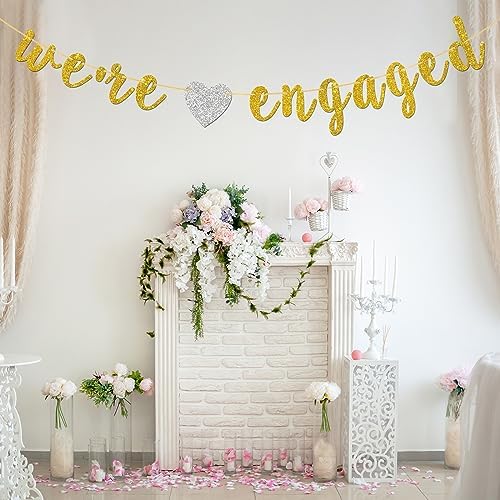 Were Engaged Banner Gold Glitter Engagement Party Decor