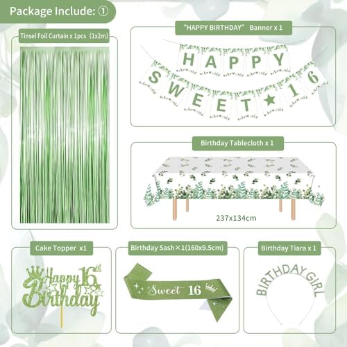 Sweet 16 Birthday Decorations Set Green Gold