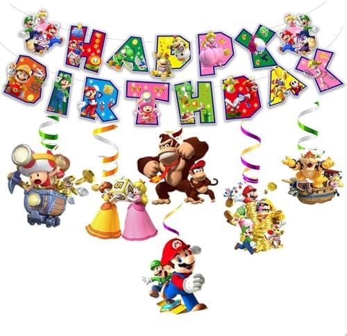 13 Packs Mario Party Supplies with Birthday Banner and Hanging Swirls